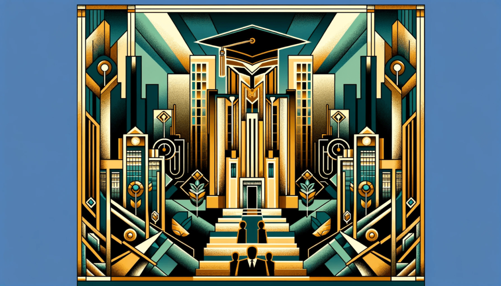 Art deco style illustration representing the shift in educational focus towards business and management studies in Australian universities.