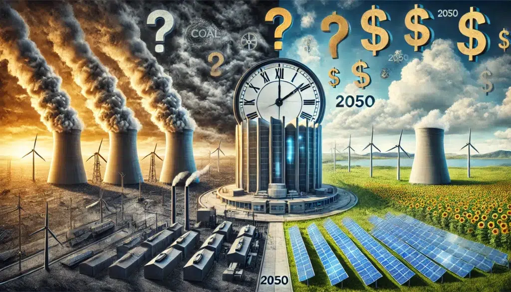 A symbolic representation of the tension between renewable energy, coal, and nuclear power in Australia, focusing on the political figures and debates mentioned.