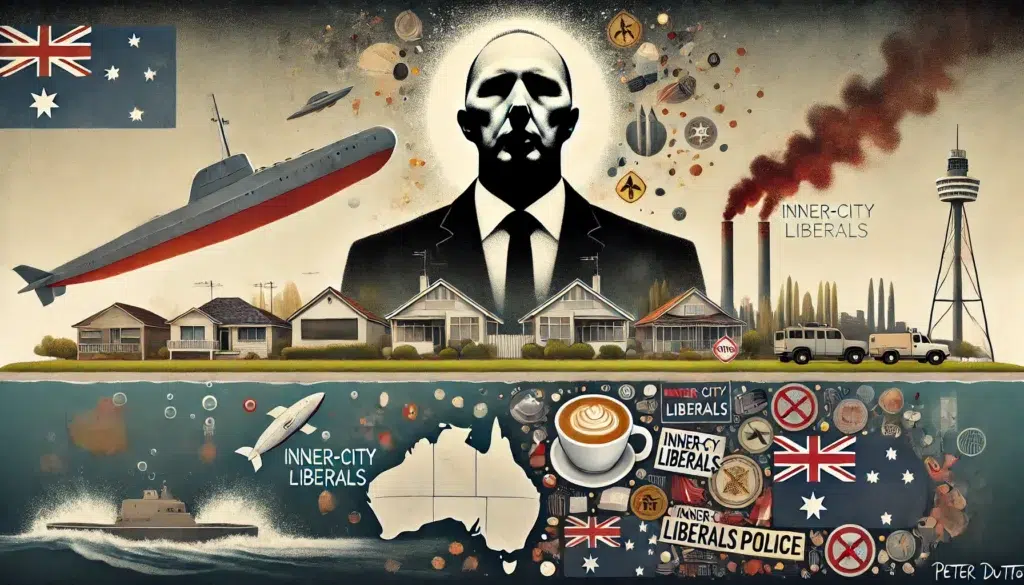 A symbolic and abstract illustration reflecting the political persona and approach of Peter Dutton, emphasizing themes of division, fear, and the complexity of his public image.