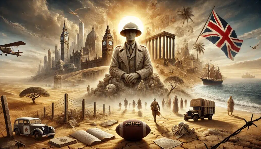 A hyperrealistic landscape showing a weathered marble statue of a British colonial officer wearing a pith helmet, partially buried in golden sand. Behind him, symbolic regions unfold: a Middle Eastern desert with a barbed wire fence and a floating historical document; a crumbling West African coastline with ruins and ghostly figures near ancient ships; and modern cities with colonial architecture under a dramatic sepia sky. Scattered objects like a leather football, passports, gavels, and crates reflect colonial legacies.